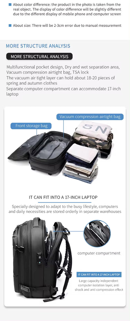 ZYB181 17 Inch Expandable Waterproof Travel Backpack With Laptop Space