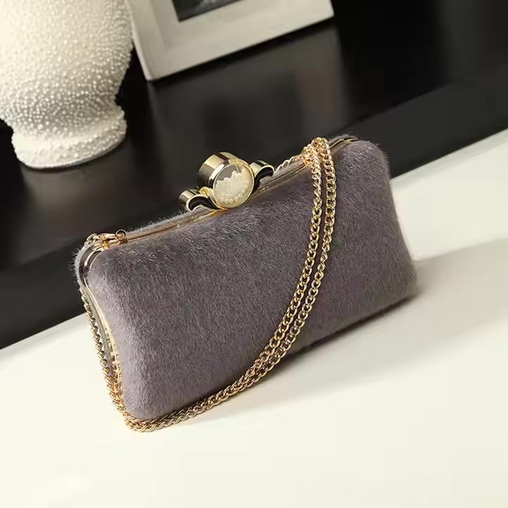ZYB088 Cozy Chic: Faux Fur Clutch with Pearl Detail