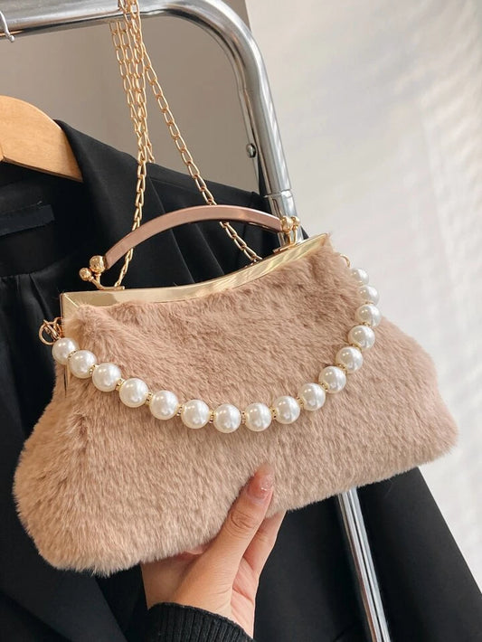 ZYB096 Chic and Cozy: Faux Pearl Decor Fluffy Square Bag