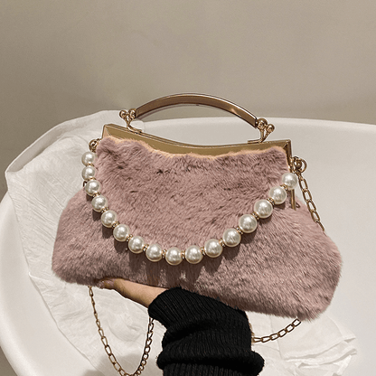 ZYB096 Chic and Cozy: Faux Pearl Decor Fluffy Square Bag